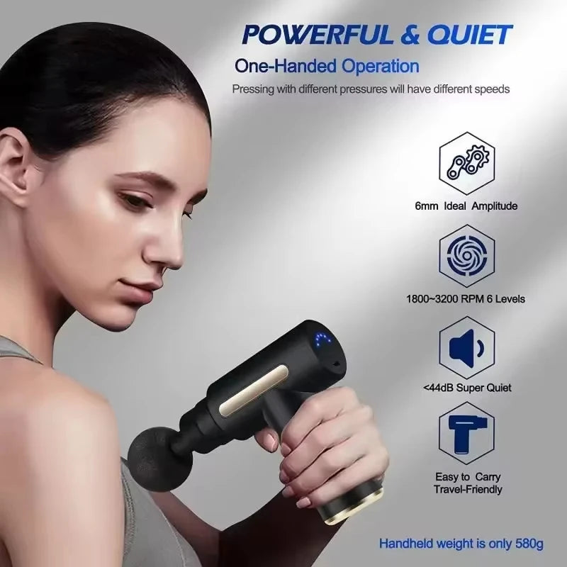Electric massage gun, 4-piece deep tissue percussion massage tool, relaxes muscles in body parts and relieves pain.