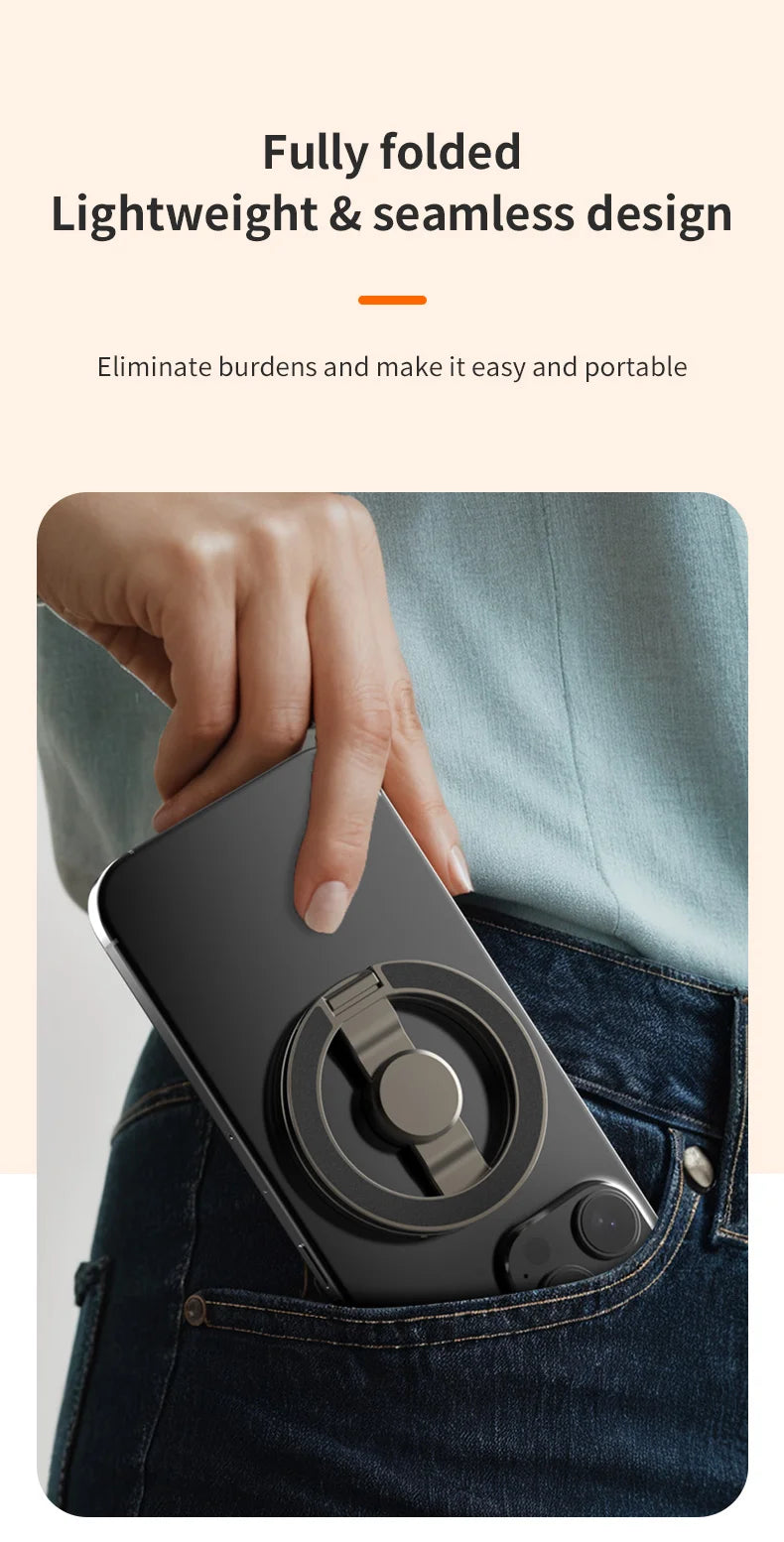 Foldable Double-Sided Mobile Phone Holder for Magsafe iPhone 17 16 15 14 13, 360° Rotation Stand with Strong Magnet Finger Grip