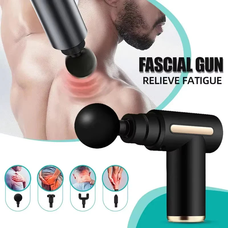 Electric massage gun, 4-piece deep tissue percussion massage tool, relaxes muscles in body parts and relieves pain.