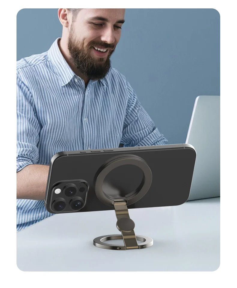 Foldable Double-Sided Mobile Phone Holder for Magsafe iPhone 17 16 15 14 13, 360° Rotation Stand with Strong Magnet Finger Grip