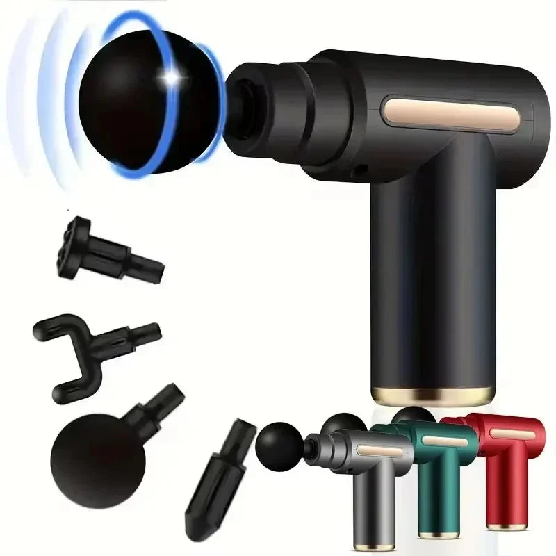 Electric massage gun, 4-piece deep tissue percussion massage tool, relaxes muscles in body parts and relieves pain.