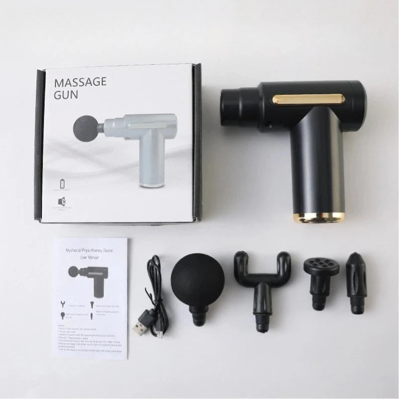 Electric massage gun, 4-piece deep tissue percussion massage tool, relaxes muscles in body parts and relieves pain.