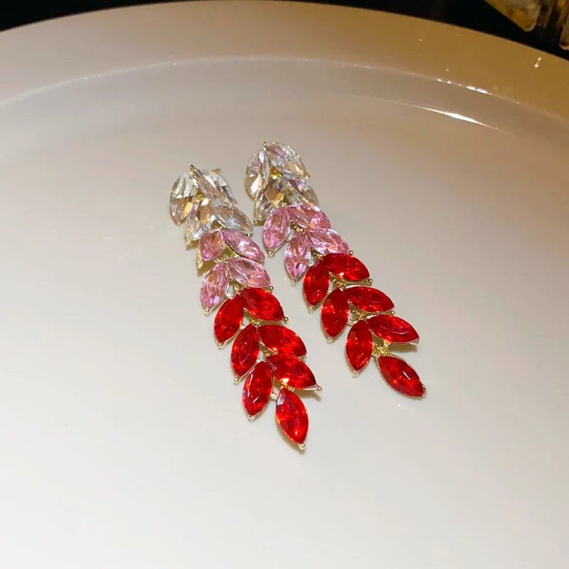 Vintage Full Rhinestone Women's Earrings Luxury Leaf Shaped Palace Earrings European And American Ear Jewelry For Party Wedding