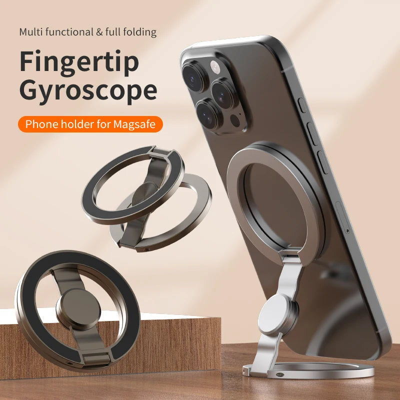 Foldable Double-Sided Mobile Phone Holder for Magsafe iPhone 17 16 15 14 13, 360° Rotation Stand with Strong Magnet Finger Grip