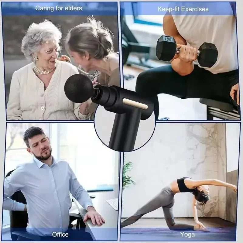 Electric massage gun, 4-piece deep tissue percussion massage tool, relaxes muscles in body parts and relieves pain.