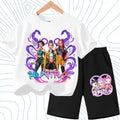 Summer Girls Casual T Shirt Sets K POP Cartoon Printed Kids Fashion Outfits Teen Children's O Neck Short Sleeve Tops Shorts 2pcs