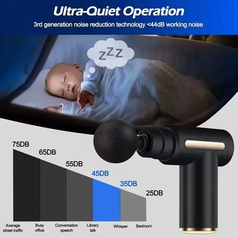 Electric massage gun, 4-piece deep tissue percussion massage tool, relaxes muscles in body parts and relieves pain.