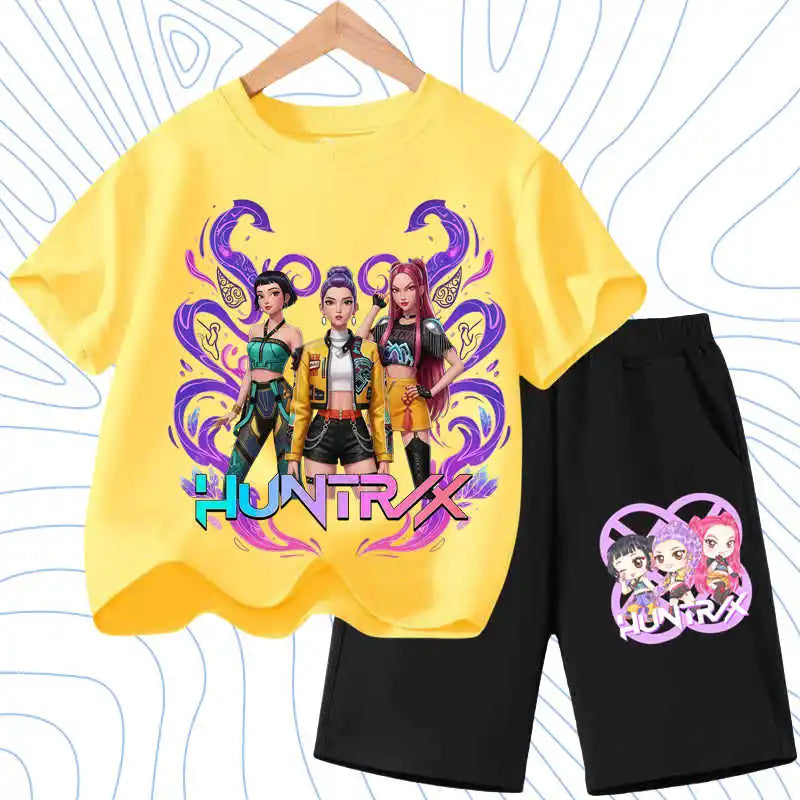 Summer Girls Casual T Shirt Sets K POP Cartoon Printed Kids Fashion Outfits Teen Children's O Neck Short Sleeve Tops Shorts 2pcs