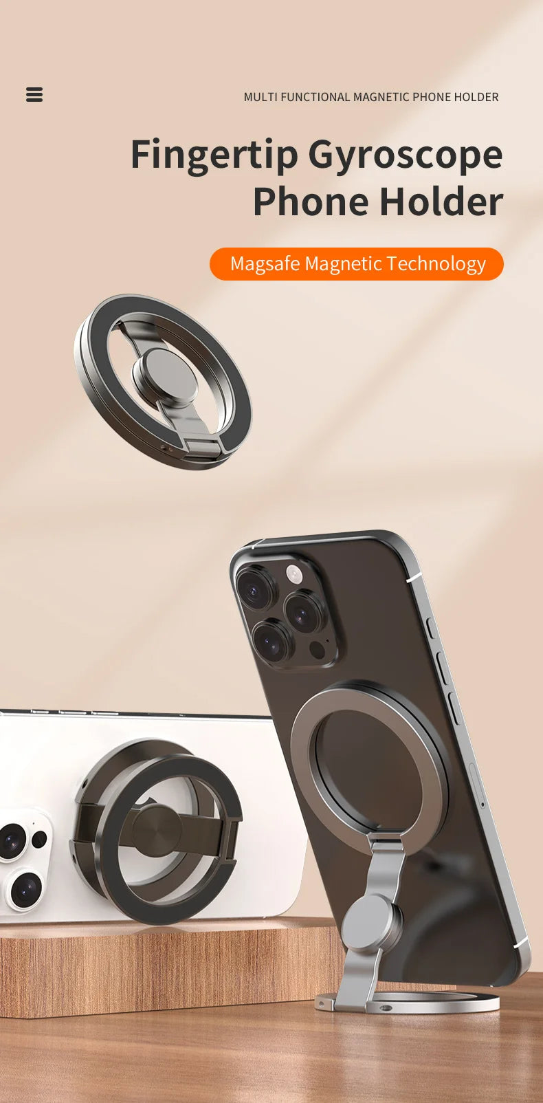 Foldable Double-Sided Mobile Phone Holder for Magsafe iPhone 17 16 15 14 13, 360° Rotation Stand with Strong Magnet Finger Grip