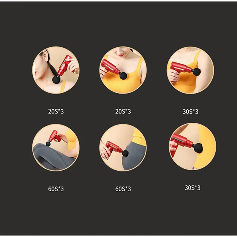 Electric massage gun, 4-piece deep tissue percussion massage tool, relaxes muscles in body parts and relieves pain.