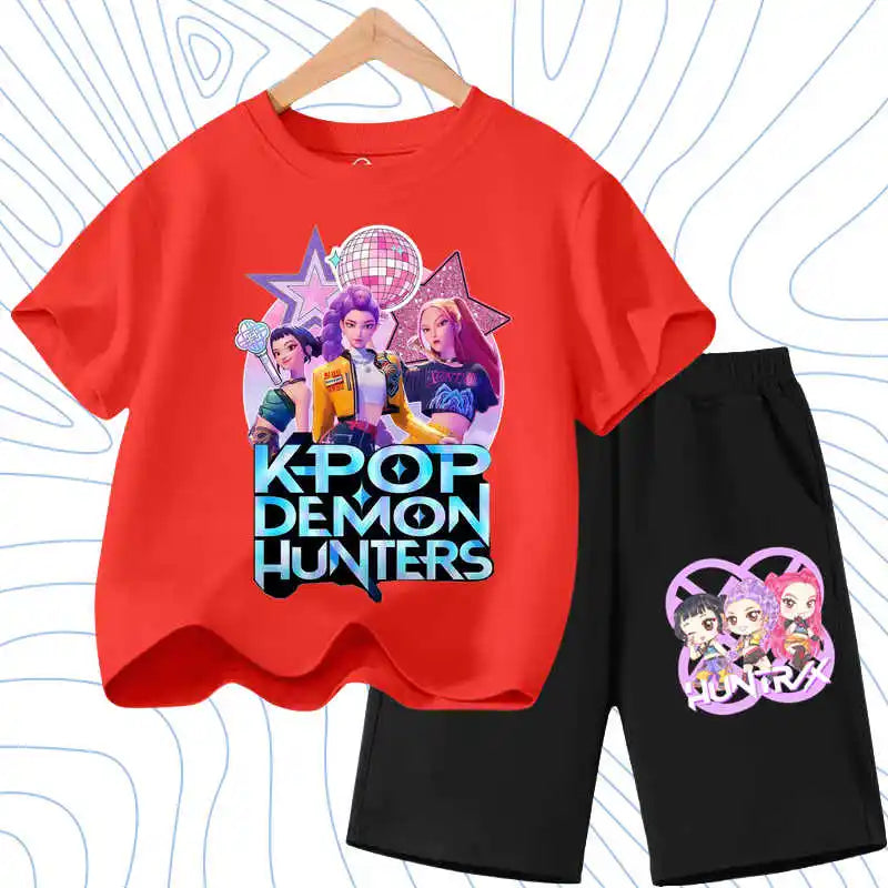 Summer Girls Casual T Shirt Sets K POP Cartoon Printed Kids Fashion Outfits Teen Children's O Neck Short Sleeve Tops Shorts 2pcs