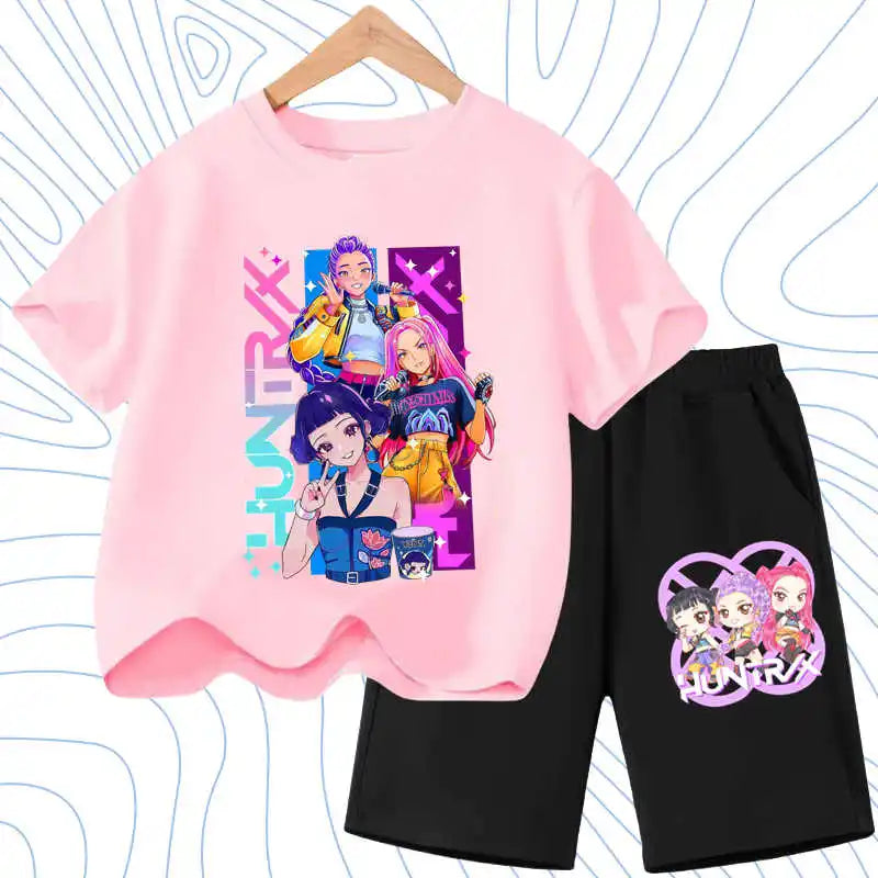 Summer Girls Casual T Shirt Sets K POP Cartoon Printed Kids Fashion Outfits Teen Children's O Neck Short Sleeve Tops Shorts 2pcs